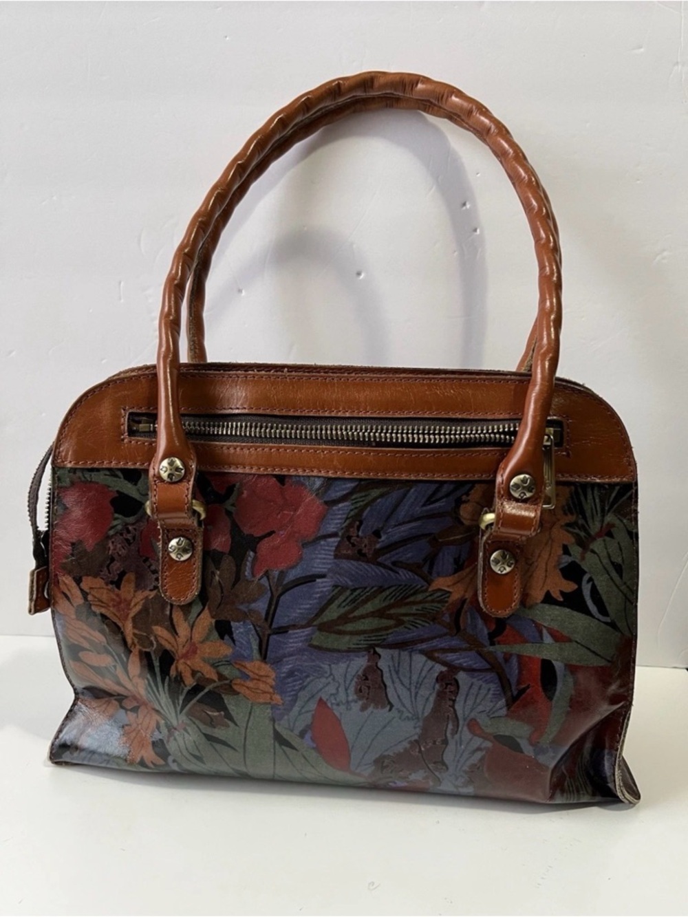 Patricia Nash Brown Leather-Trim Floral Satchel purse